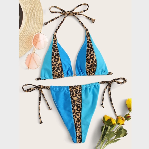 Blue Cheetah Color Block Bikini Swimsuit - Picture 3 of 8